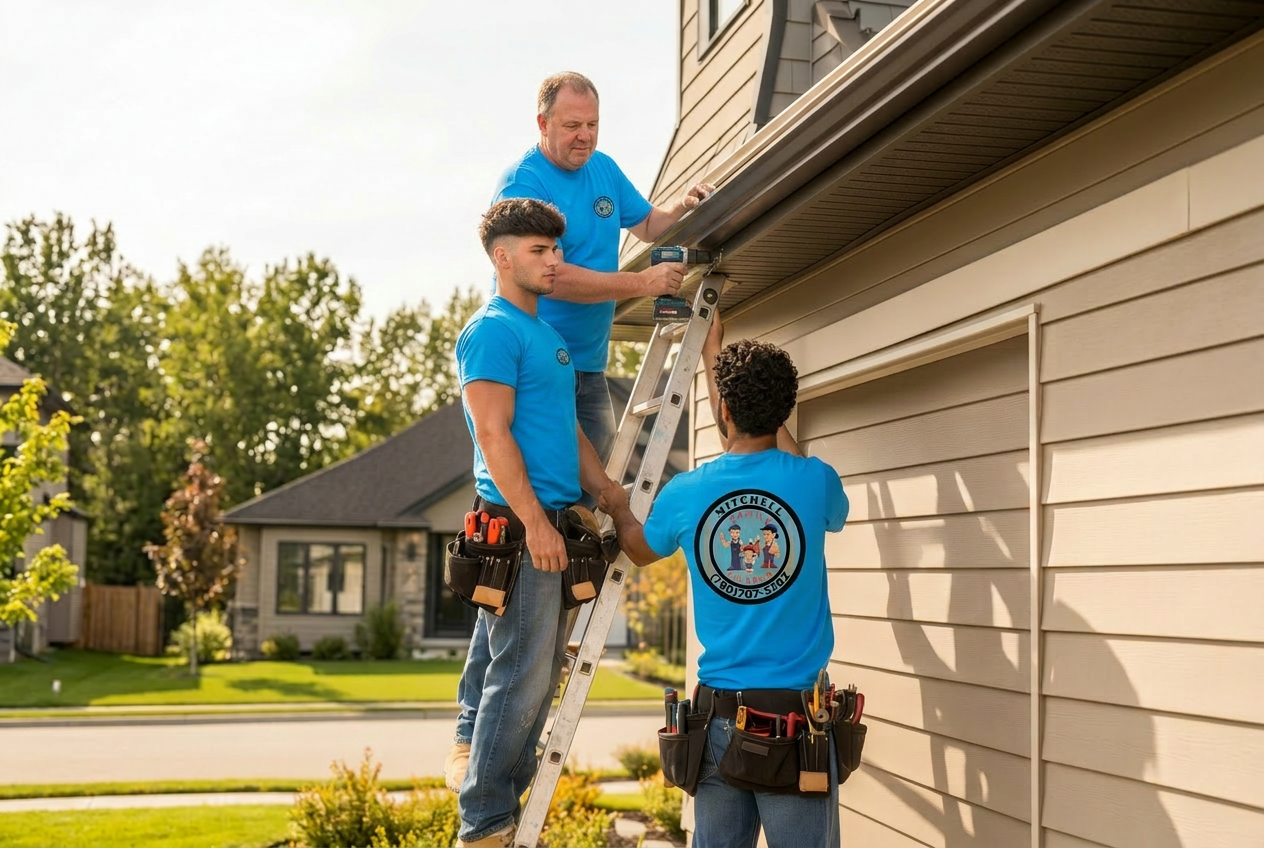 Mitchell Family Squared crew installing exterior trim